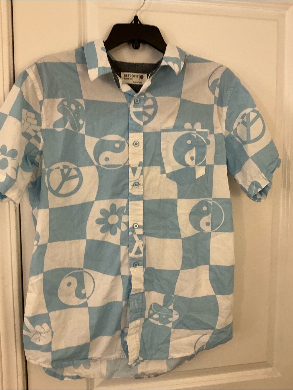 Retrofit Men’s Short-Sleeve Button-Up Shirt — Blue & White Check M